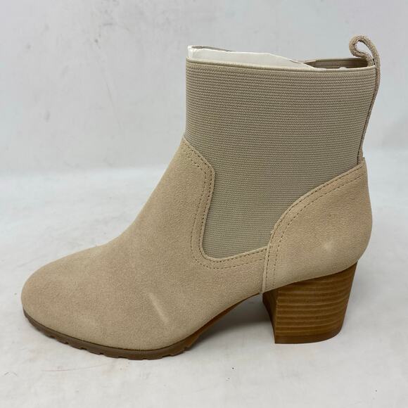 Violet & Red Loaded Knit Cuff Bootie Block Heel Faux Suede Tan Womens Size 7.5 - Picture 2 of 8